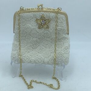 White Beaded Evening Bag with Gold Chain and Bejeweled  Flower